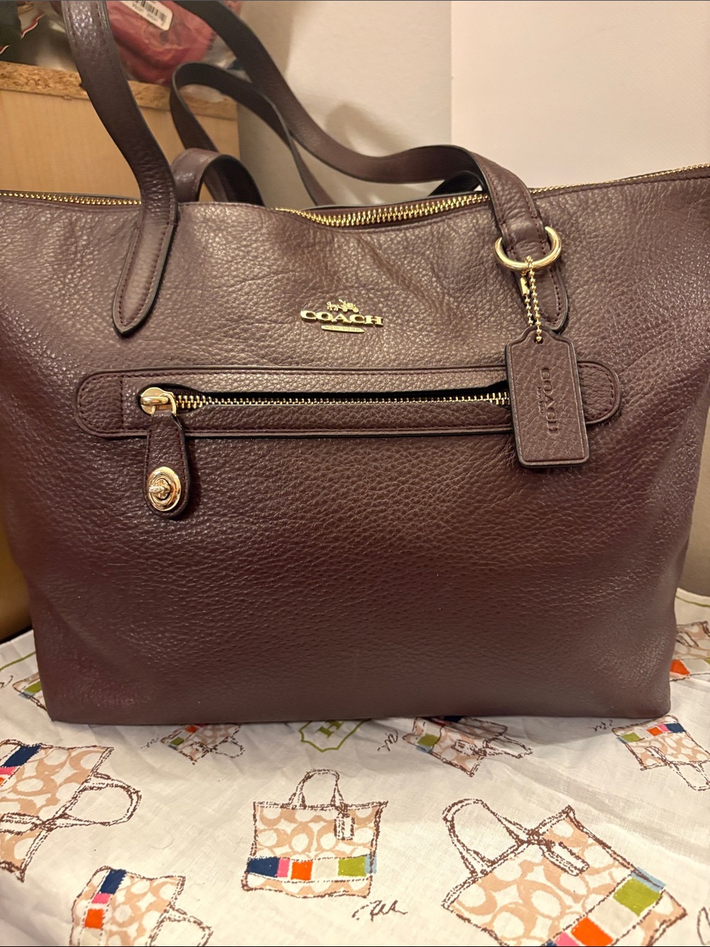 Coach Pebbled Leather Tote in Deep Brown with Gold Hardware